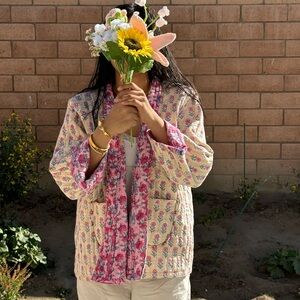 Reversible Floral and Stripe Blue Coat with belt and pockets - ONE SIZE